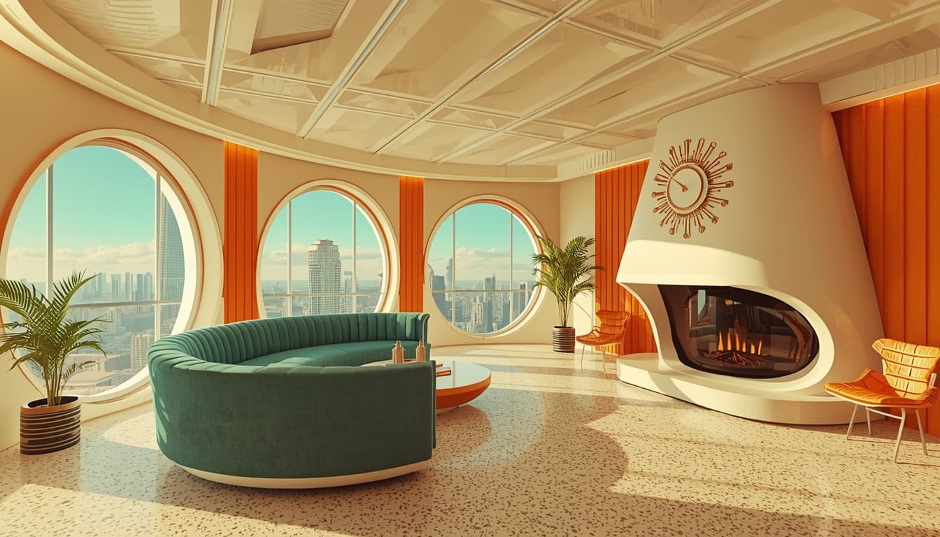 Retro-futuristic mid-century modern interior