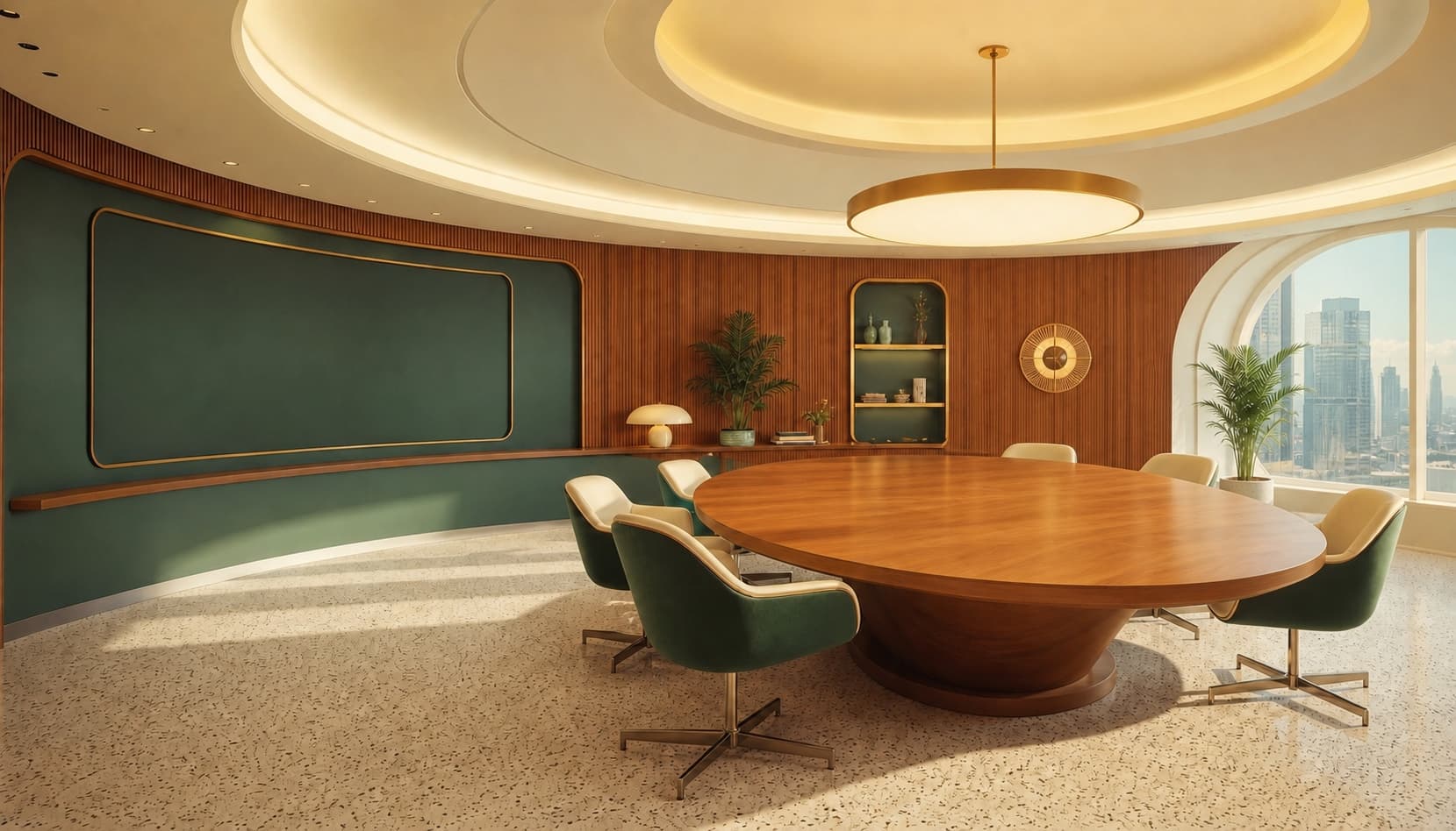 Unoccupied executive briefing room with a large green presentation wall