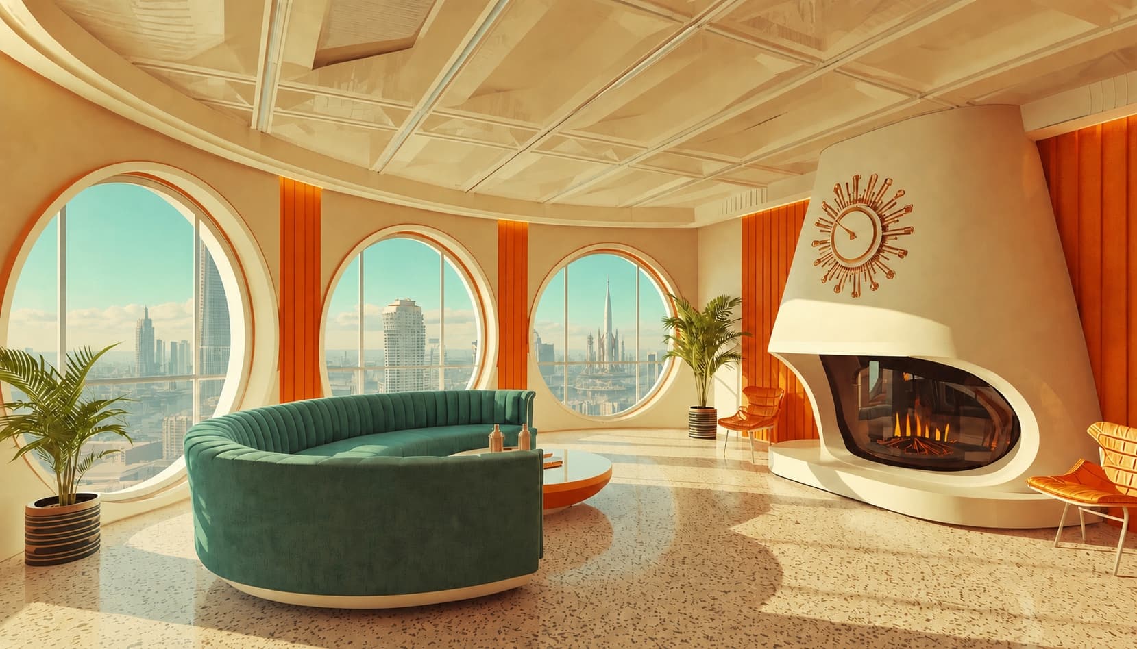 Retro-futuristic penthouse with a distant rocket beyond the windows