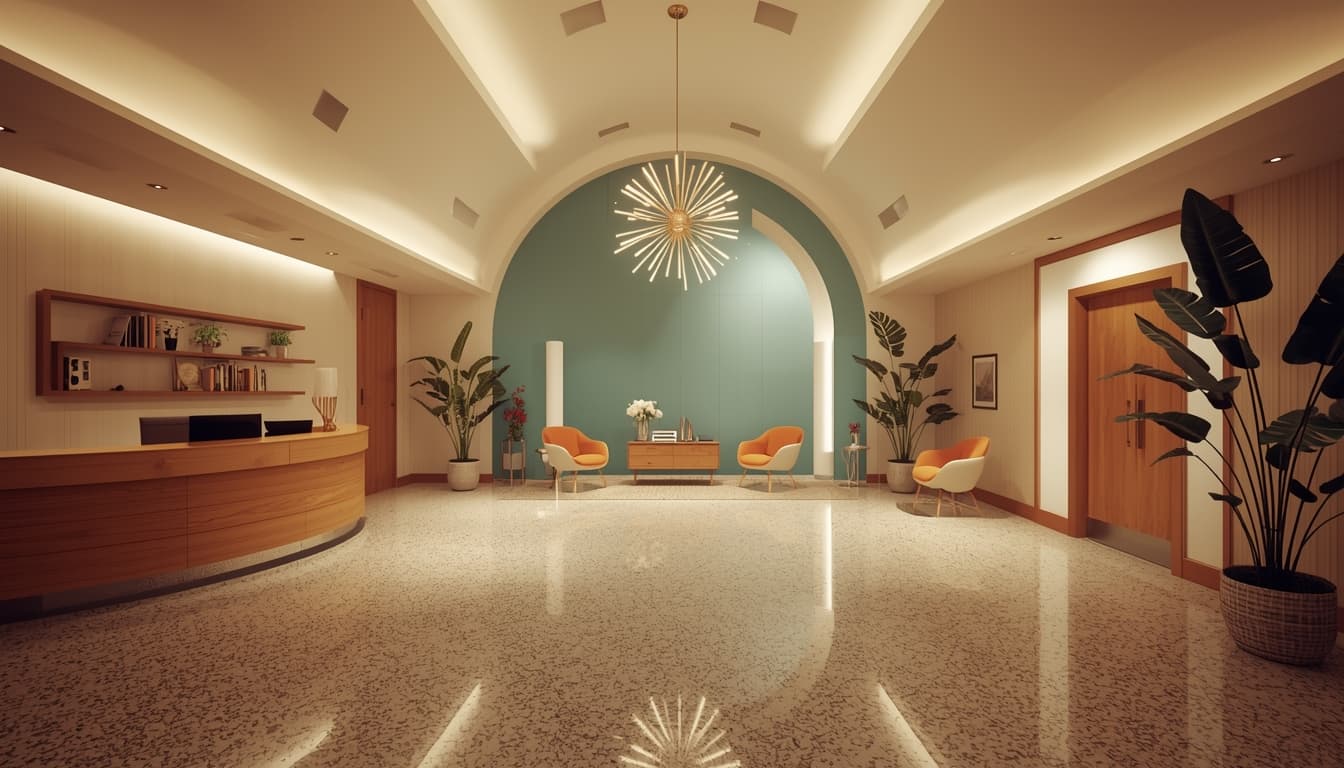 Mid-century modern lobby with a green arched wall