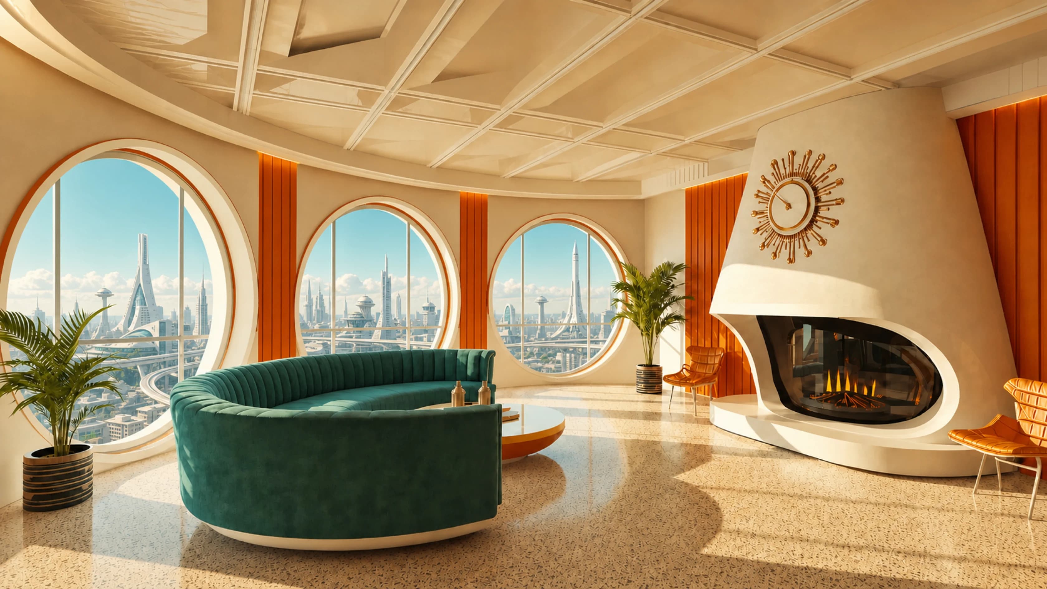 Bright retro-futurist family room overlooking a Space Age city